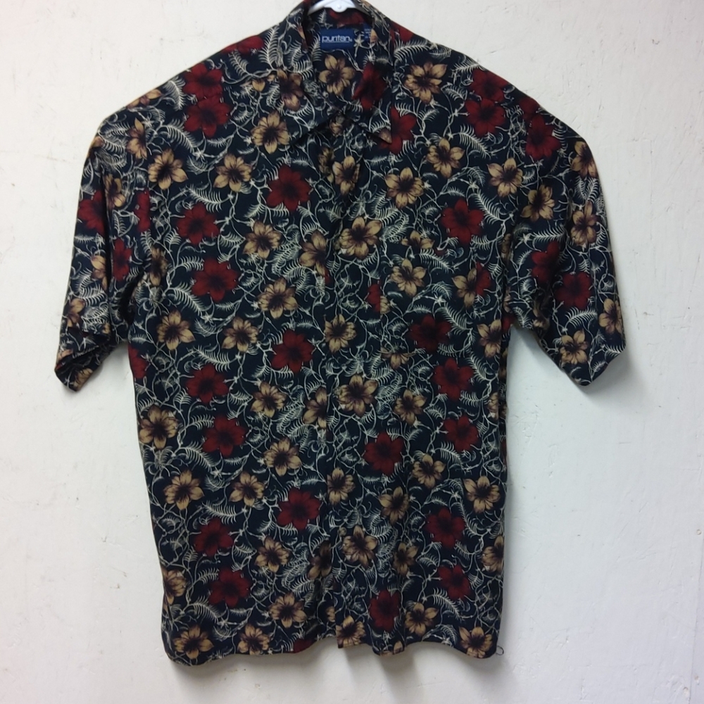 Puritan Hawaiian Print Mens Button Down Shirt